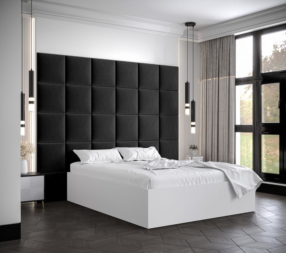 Veneti Manželská posteľ s čalúnenými panelmi MIA 3 - 140x200, biela, čierne panely z ekokože