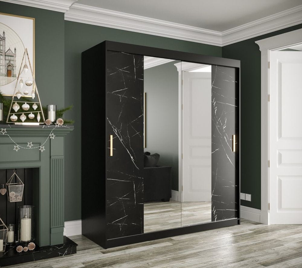 Veneti Zrkadlová skriňa s posuvnými dverami MAREILLE 2 - šírka 180 cm, čierna / čierny mramor