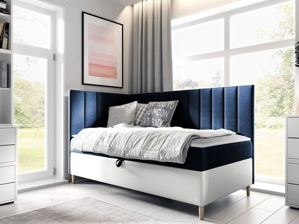 Veneti Boxspringová jednolôžková posteľ 100x200 ROCIO 3 - biela ekokoža / modrá 1, ľavé prevedenie + topper ZDARMA