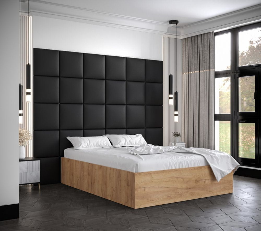 Veneti Manželská posteľ s čalúnenými panelmi MIA 3 - 140x200, dub zlatý, čierne panely z ekokože