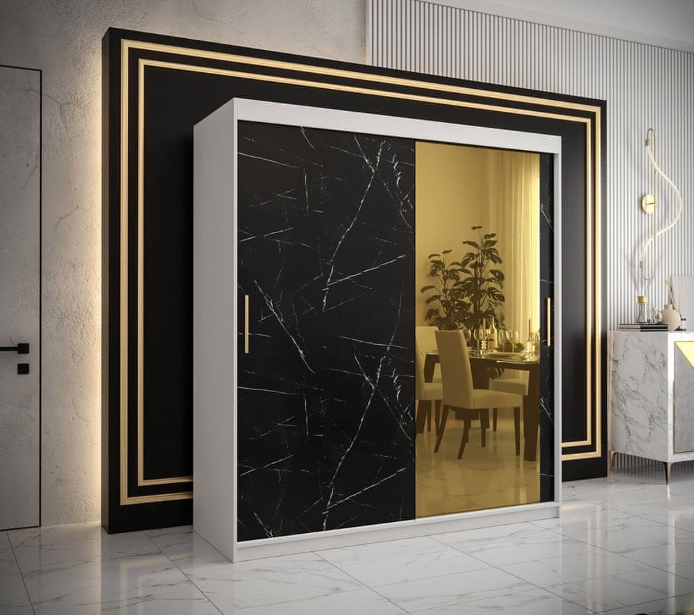 Veneti Dizajnová šatníková skriňa so zlatým zrkadlom MADLA 2 - šírka 180 cm, biela / čierna