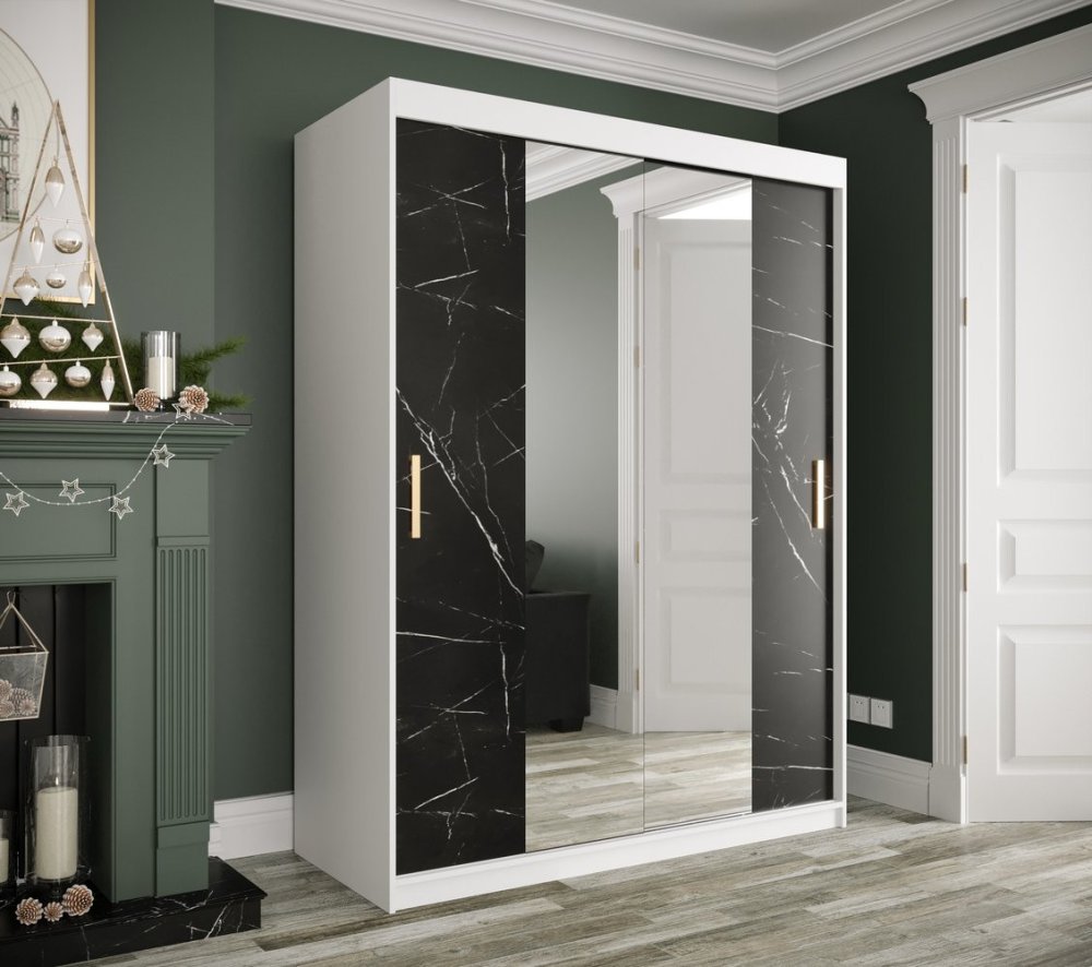 Veneti Zrkadlová skriňa s posuvnými dverami MAREILLE 2 - šírka 150 cm, biela / čierny mramor