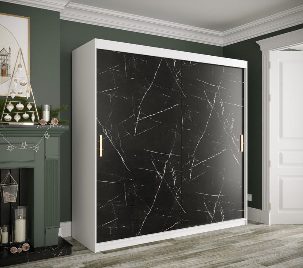 Veneti Skriňa s posuvnými dverami MAREILLE 1 - šírka 200 cm, biela / čierny mramor