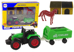 Lean-toys Poľnohospodárska súprava Traktor Príves Kôň Stajňa 1:64