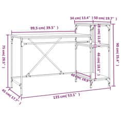 Vidaxl Stôl s policami dymový dub 135x50x90 cm spracované drevo železo