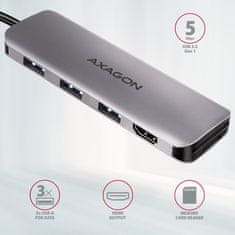 AXAGON multifunkční HUB 6v1 USB 3.2 Gen 1, 3x USB-A, HDMI, SD/microSD, PD 100W, kábel USB-C 20cm