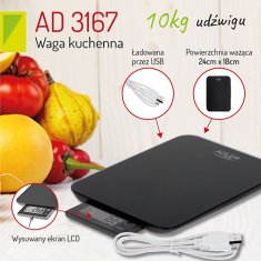 Adler Kuchynská váha - 10 kg - dobíjanie cez USB - vodotesná