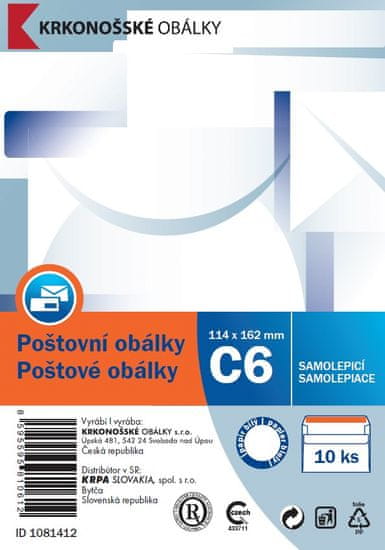 KRKONOŠSKÉ OBÁLKY Obálka C6 samolepiace, 10 ks, 114 x 162