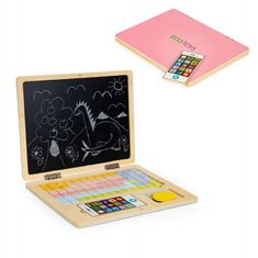 Iso Trade Drevený edukačný laptop s tabuľou | ružový
