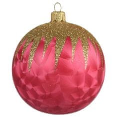 Decor By Glassor Vianočná sklenená guľa v ružovom mrazolaku so zlatým dekorom