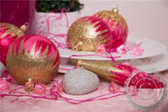 Decor By Glassor Vianočná sklenená guľa v ružovom mrazolaku so zlatým dekorom