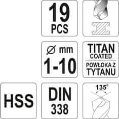 YATO Sada vrtákov do železa HSS-TiN 19ks 1-10mm