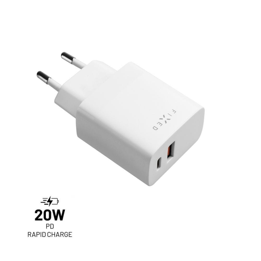 FIXED Sieťová nabíjačka s USB-C a USB výstupom, podpora PD a QC 3.0, 20W FIXC20N-CU-WH, biela