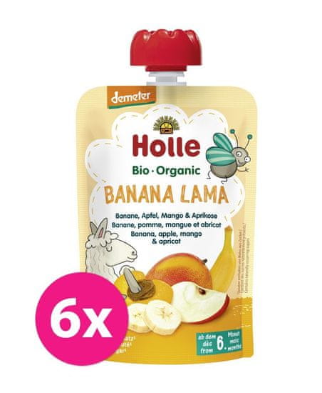 Holle 6x Banana Lama Bio ovocné pyré banán, jablko, mango, marhuľa, 100 g (6 m+)