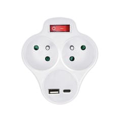 Solight Zásuvka rozbočovacia s USB A+C nabíjačkou a vypínačom 2x 230V/10A, biela