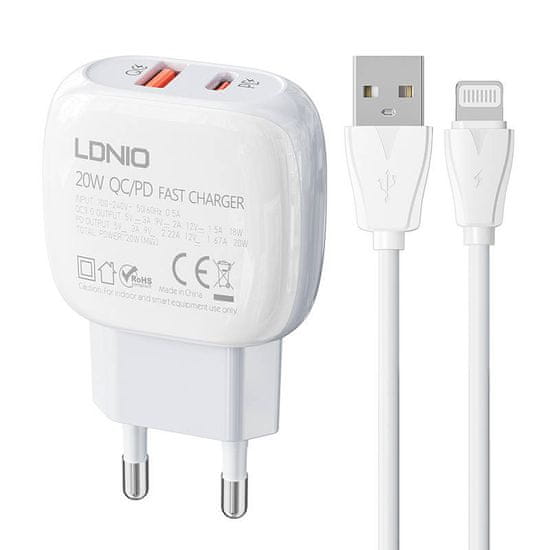 LDNIO LDNIO A2313C USB, USB-C 20W sieťová nabíjačka + kábel USB na Lightning