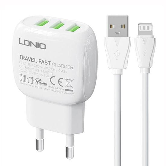 LDNIO LDNIO A3315 3USB sieťová nabíjačka + Lightning kábel