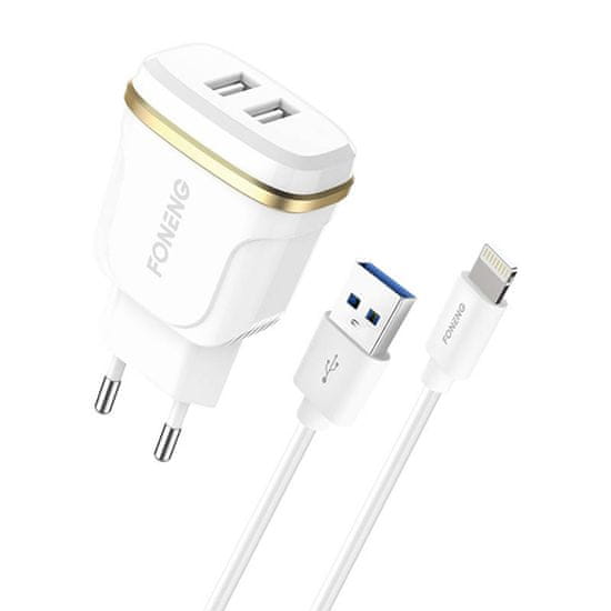 Foneng Sieťová nabíjačka Foneng T240, 2x USB, 2,4 A + kábel USB na Lightning (biely)