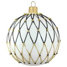 Decor By Glassor Vianočná guľa biela s čierno-zlatou sieťkou (Veľkosť: 6)