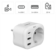 HAMA zásuvková USB nabíjačka, 1x el. zásuvka, 1x USB-C PD, 2x USB-A, 20 W