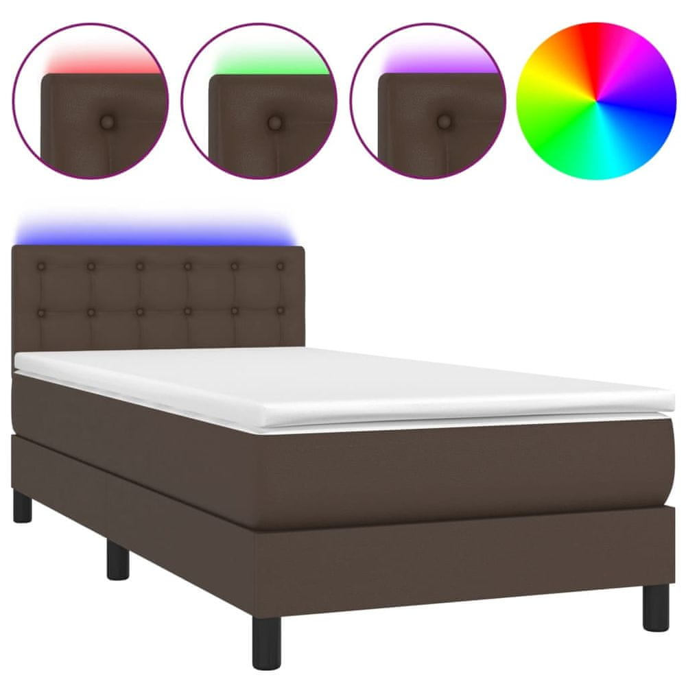Vidaxl Boxspring posteľ s matracom a LED hnedá 90x200 cm umelá koža