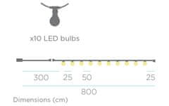 NEW GARDEN Záhradná solárna svetelná reťaz 8 m girlanda Allegra s 10 LED žiarovkami A60 na čiernom kábli, 2700K teplé biele svetlo, 35 lm, IP44