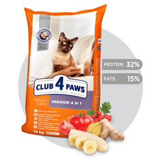 Club4Paws Premium Indoor 4 in 1 pre dospelé mačky žijúce v byte 14kg + 1x set Club4Paws s hovadzim mäsom 340g