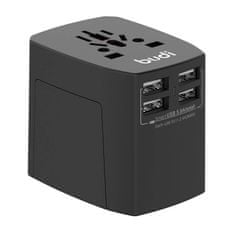 Budi Budi Univerzálna sieťová nabíjačka / sieťový adaptér 4x USB, 5A, EU/UK/AUS/US/JP (čierna)