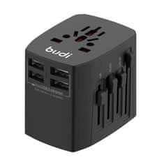 Budi Budi Univerzálna sieťová nabíjačka / sieťový adaptér 4x USB, 5A, EU/UK/AUS/US/JP (čierna)