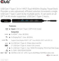 Club 3D dokovací stanice USB-C, 8-in-1 MST Dual 4K60Hz, Display Travel Dock