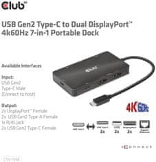 Club 3D dokovací stanice USB Gen2 Type-C na Dual DisplayPort 4k60Hz 7-in-1 Portable Dock