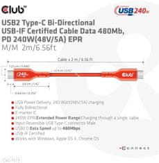 Club 3D kábel USB-C, Data 480Mb,PD 240W(48V/5A) EPR, M/M, 2m