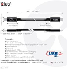 Club 3D kábel USB-C, Data 40Gbps, PD 240W(48V/5A) EPR, M/M, 1m