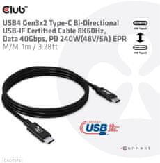 Club 3D kábel USB-C, Data 40Gbps, PD 240W(48V/5A) EPR, M/M, 1m