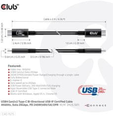 Club 3D kábel USB-C, Data 20Gbps, PD 240W(48V/5A) EPR, M/M, 2m