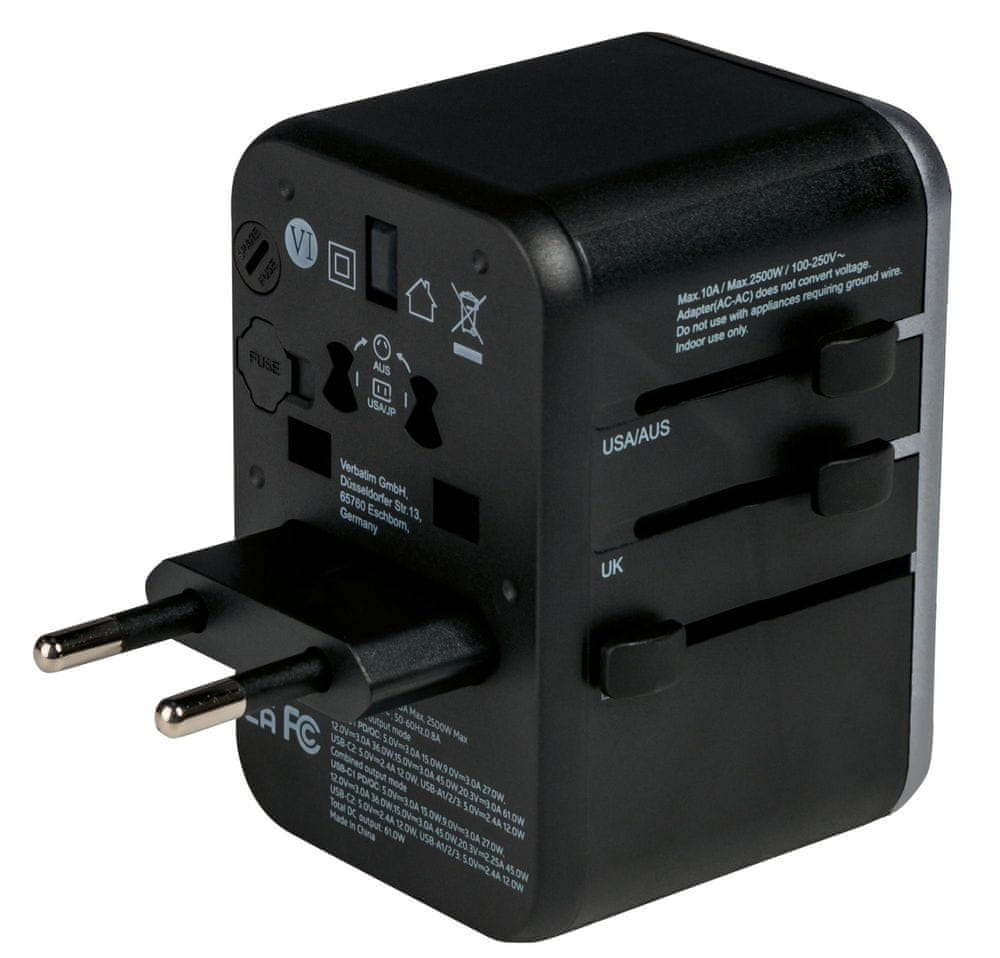 VERBATIM UTA-04 Universal Travel Adapter with 1 x USB-C PD 61W & QC 3.0 / 1 x USB-C / 3 x USB-A