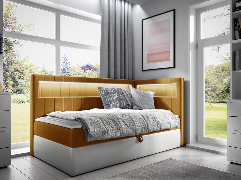 Veneti Kontinentálna jednolôžková posteľ 100x200 RAMIRA 3 - biela ekokoža / žltá, pravé prevedenie + topper ZDARMA