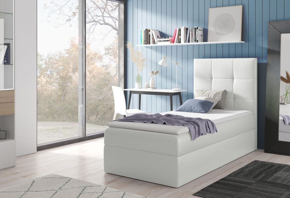 Veneti Čalúnená jednolôžková posteľ REBECCA - 90x200, biela + topper ZDARMA