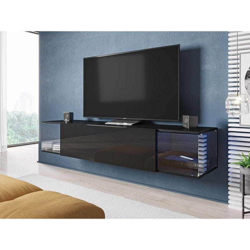 Veneti TV stolík s LED modrým osvetlením ASHTON 2 - čierny / lesklý čierny