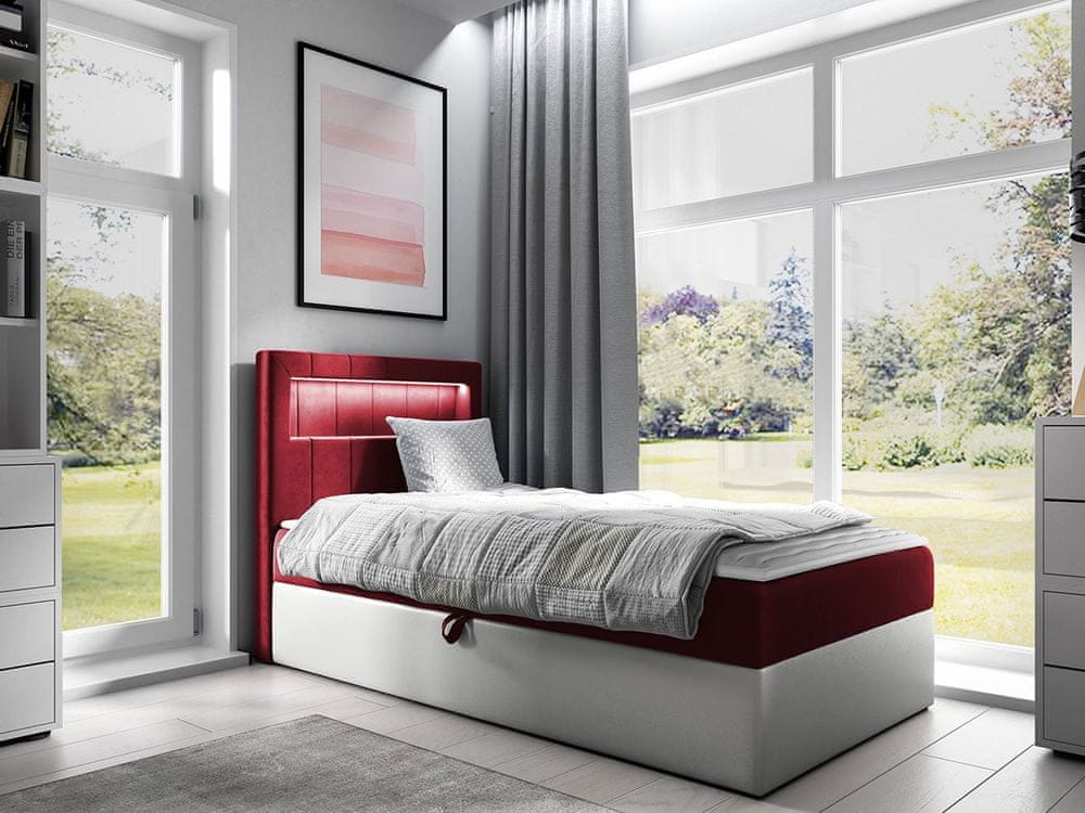 Veneti Kontinentálna jednolôžková posteľ 100x200 RAMIRA 1 - biela ekokoža / červená, pravé prevedenie + topper ZDARMA