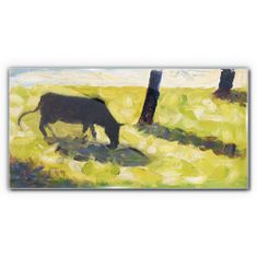 COLORAY.SK Sklenený obraz Čierna krava v seuratové lúke 140x70 cm