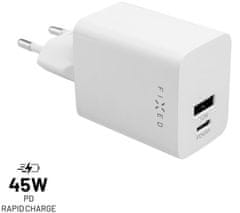 FIXED síťová nabíječka Mini s USB-C + USB-A, PD, 45W, biela