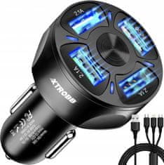 Xtrobb  19907 Nabíjačka do auta, 4 konektory USB, Quick Charge + kábel MicroUSB, Lighting, USB-TYP C čierna