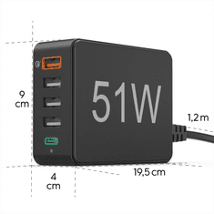 HAMA rýchla stolná USB nabíjačka, 4x USB-A, 1x USB-C, PD/QC, 51 W, 1,2 m