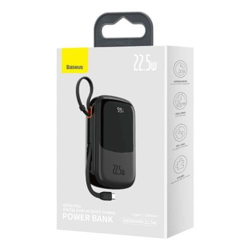 BASEUS Power Bank Qpow with Digital Display, C+U, with Built-in Type-C cable, QC, SCP AFC FCP 22,5W, 20000 mAh, čierna (PPQD060301)