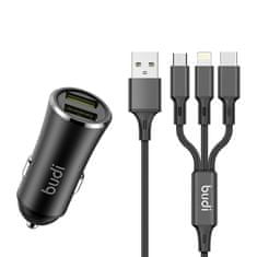 Budi Nabíjačka do auta Budi, 2x USB, 2,4A + kábel 3v1 USB na USB-C / Lightning / Micro USB (čierna)