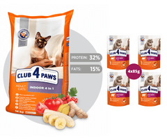 Club4Paws Premium Indoor 4 in 1 pre dospelé mačky žijúce v byte 14kg + 1x set Club4Paws s hovadzim mäsom 340g