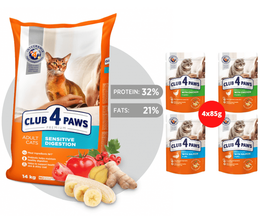 Club4Paws Premium citlive travenie pre mačky 14kg + 1x set Club4Paws s kuracim mäsom a lososem 340g