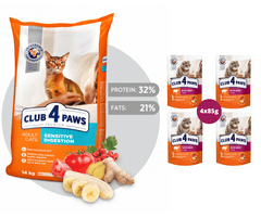 Club4Paws Premium citlive travenie pre mačky 14kg + 1x set Club4Paws s hovadzim mäsom 340g