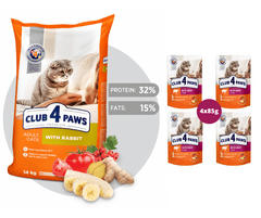 Club4Paws Premium pre dospelé mačky s králikom 14 kg + 1x set Club4Paws s hovadzim mäsom 340g